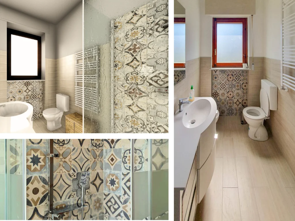 Ristrutturazione mirata di un bagno di piccole dimensioni, con l'integrazione di piastrelle a tema maiolica nel luminoso intonaco bianco. La disposizione delle piastrelle, apparentemente casuale ma accuratamente pianificata, conferisce carattere a questo piccolo locale. (ITA)