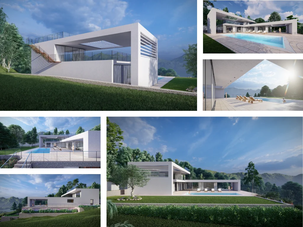 Collaborazione per la progettazione ex novo e rappresentazione mediante materiali grafici di una villa in stile contemporaneo sul Lago di Como, frutto dell'intreccio di due grandi ma semplici volumi, sapiente uso della luce e con intonaco bianco e vetro come unici materiali. (ITA)