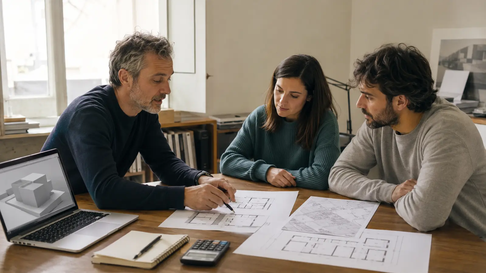 Architetto e clienti confrontano planimetrie e costi di diverse abitazioni