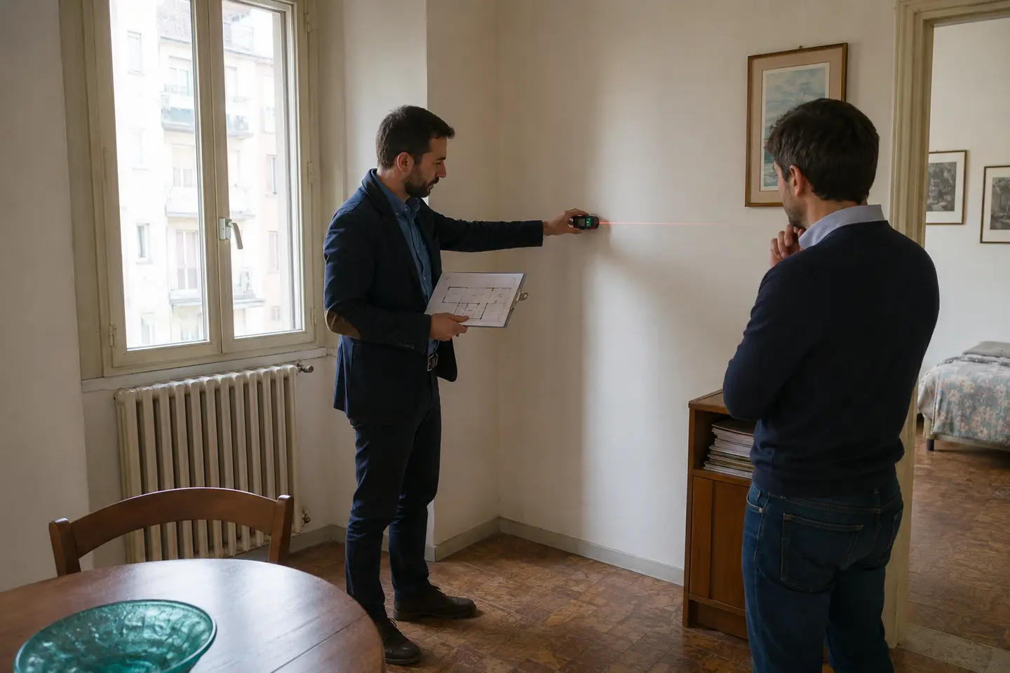 Architetto esegue misure e controlli durante un sopralluogo preacquisto