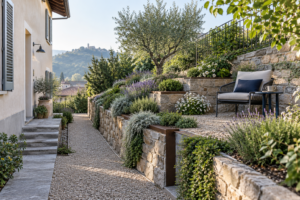 Piccolo giardino anteriore in pendenza con percorso permeabile, gradoni piantumati e zona di sosta.