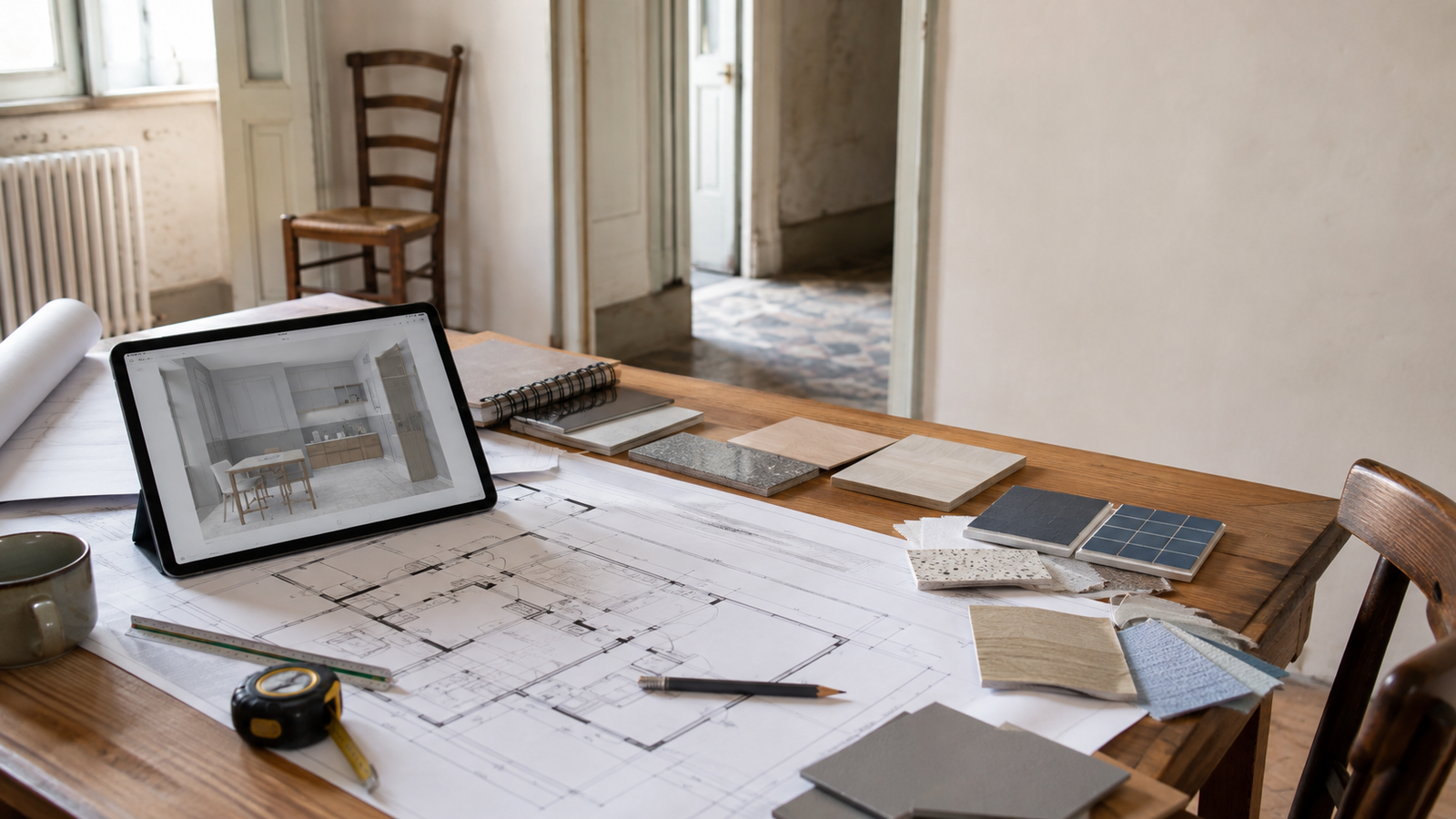 Tavolo di lavoro con planimetria, campioni di materiali e modello 3D per il progetto di ristrutturazione di una casa