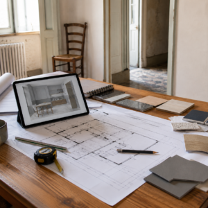 Tavolo di progetto con planimetria, campioni di materiali e modello tridimensionale per una ristrutturazione su misura.