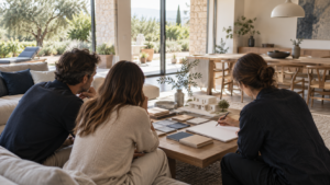Architetto e coppia discutono il progetto di una casa attorno a un tavolo con modello e materiali.
