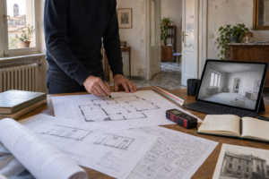 Architetto confronta planimetrie e modello digitale prima del progetto