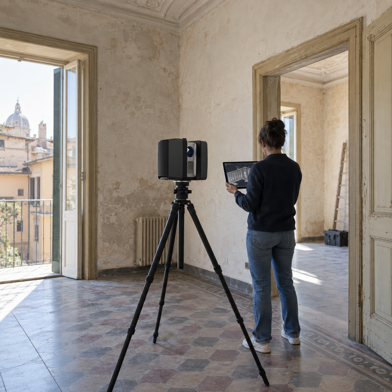 Rilievo digitale con scanner in un interno da ristrutturare